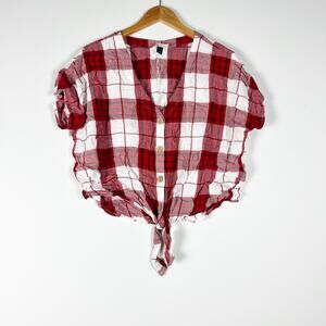 Universal Thread red white plaid tie waist short sleeve blouse Size Large